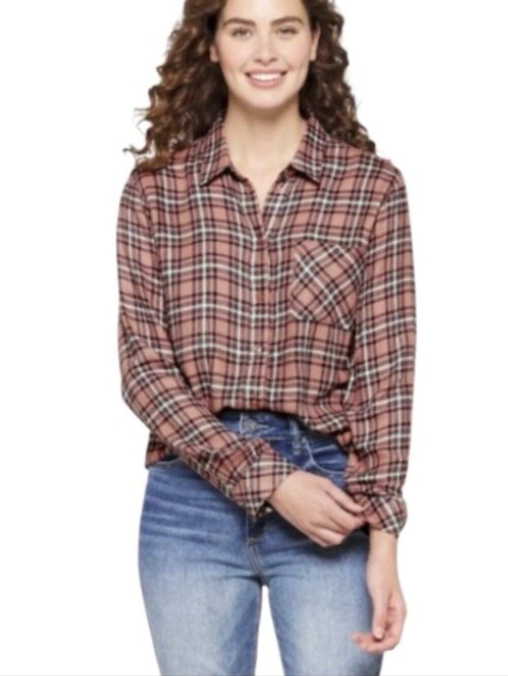 Market & Spruce Super Soft Flannel L Pink Rust Plaid Button-Down Shirt